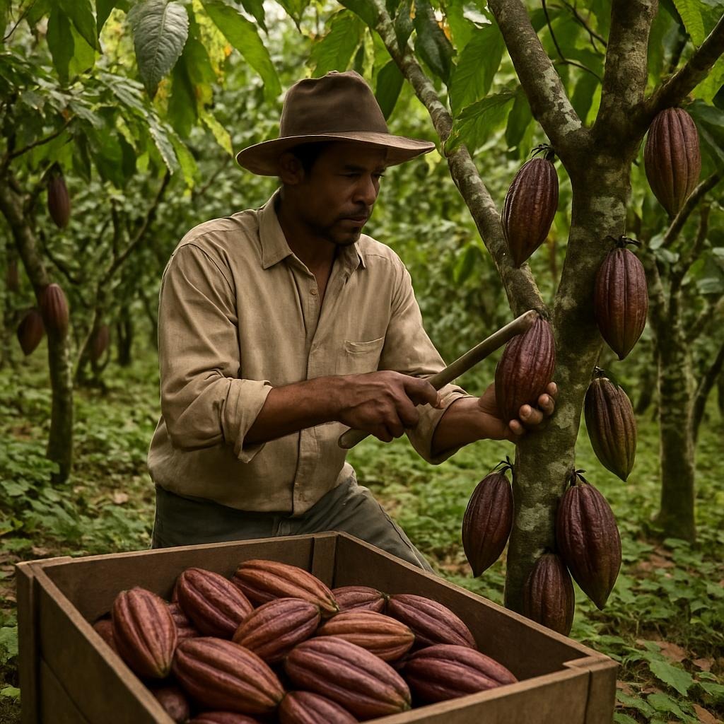 A farmer with a cocoa pod in one hand and a stick in the other, ready to detach the cocoa pod from the tree.